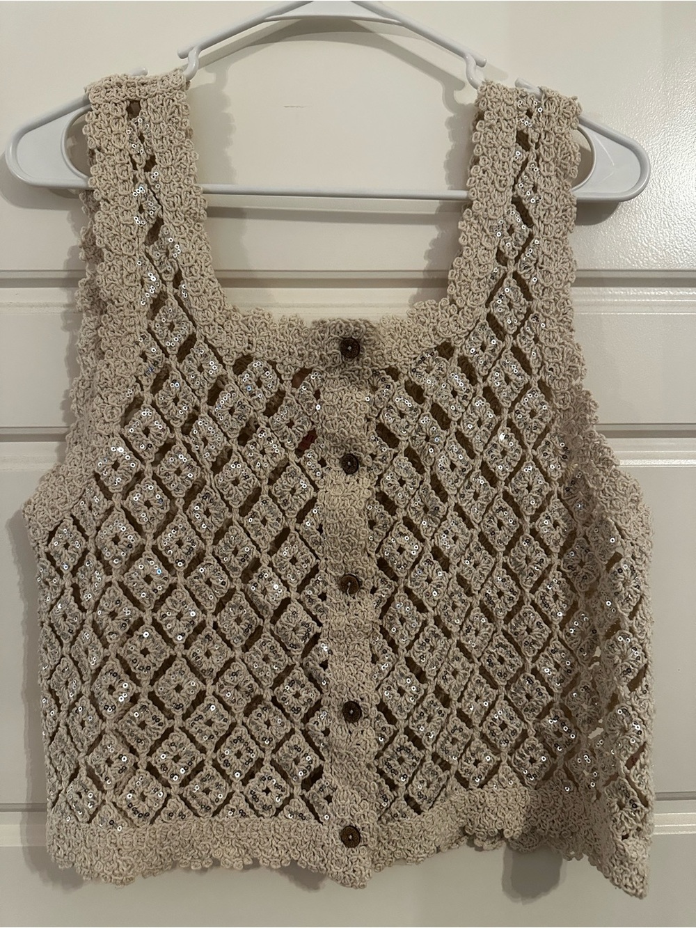 Crochet Sequin Crop Top in Cream - Button-Front